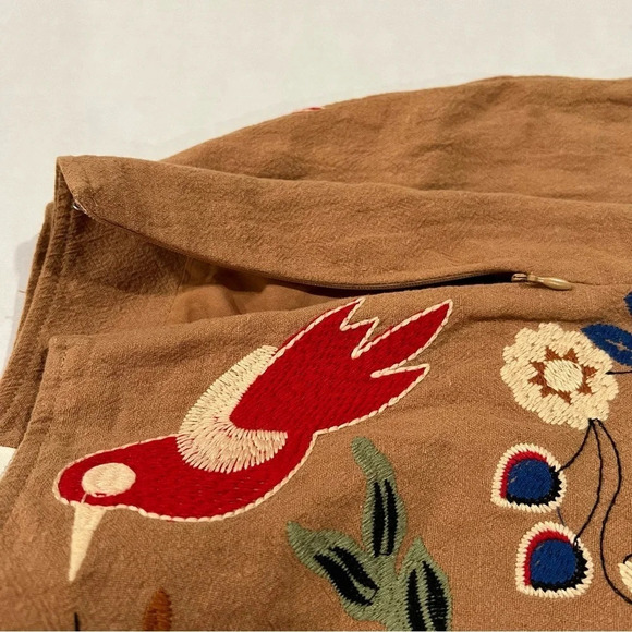 Umgee Embroidered Mini Skirt Women's Small Brown Boho Pom Pom Bird Floral - Picture 6 of 13